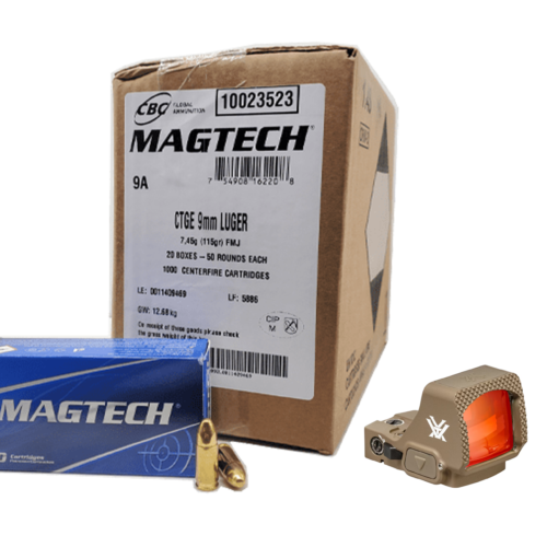 Vortex Defender-XL Micro Red Dot - Tan + Magtech 9mm 115 Grain FMJ Ammo Handgun Ammo - 1000 Rounds